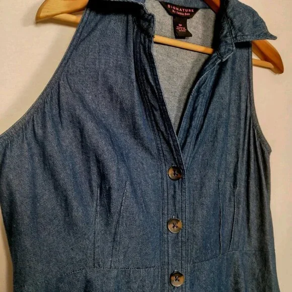 Signature by Robbie Bee Dress Petite 10P Blue Chambray Sleeveless Button Up Jean - Picture 8 of 12